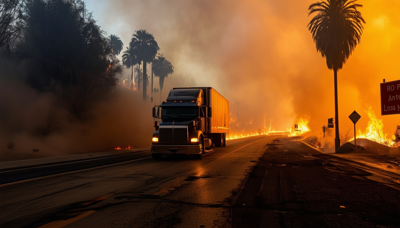 A truck navigating through a smoky and fire-affect